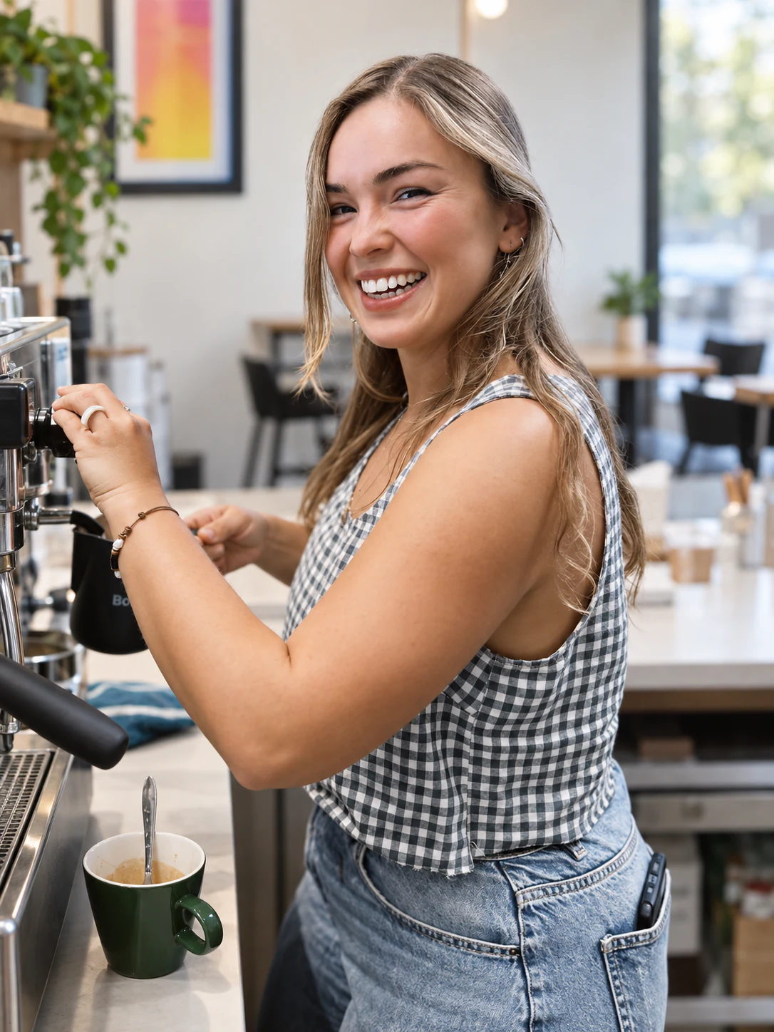 A smiling barista preparing coffee at SOLARA