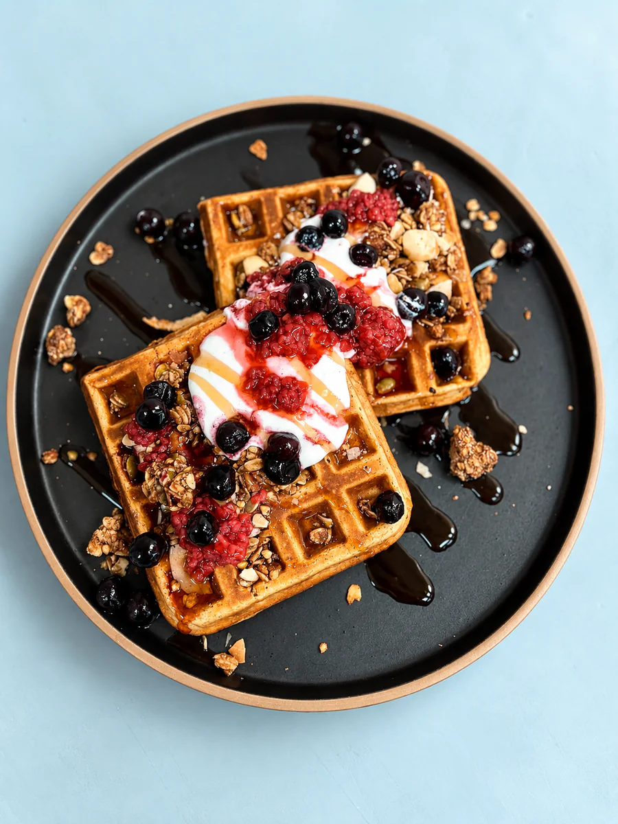 Berry waffles on a black plate