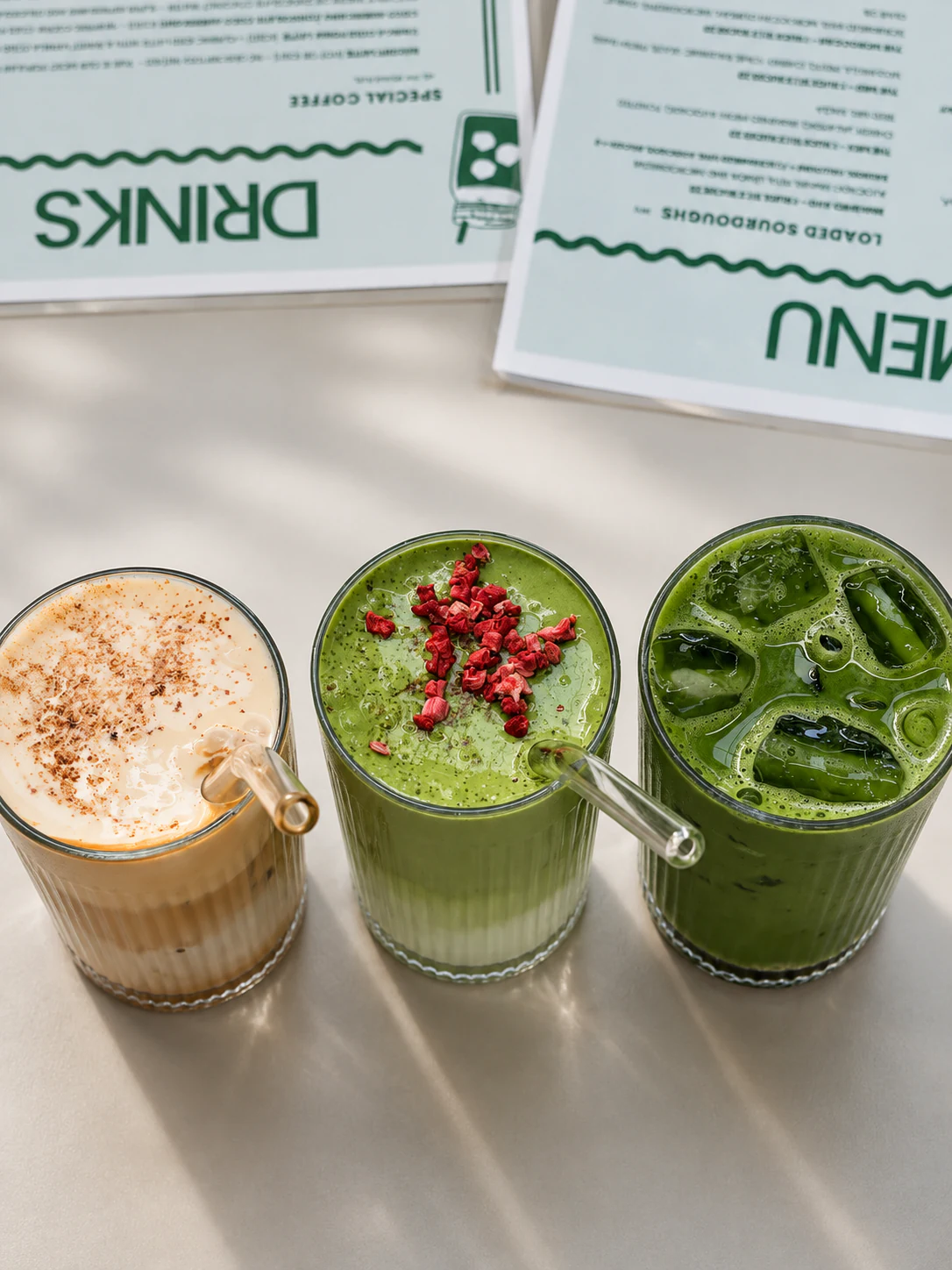 Coffee and matcha drinks on a table