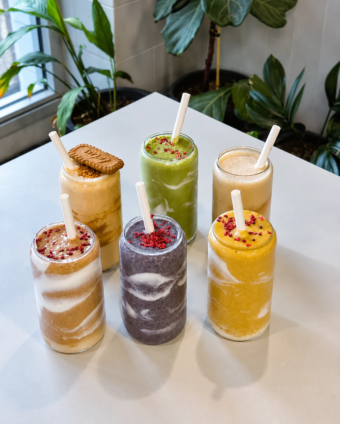 Six colourful drinks on a white table