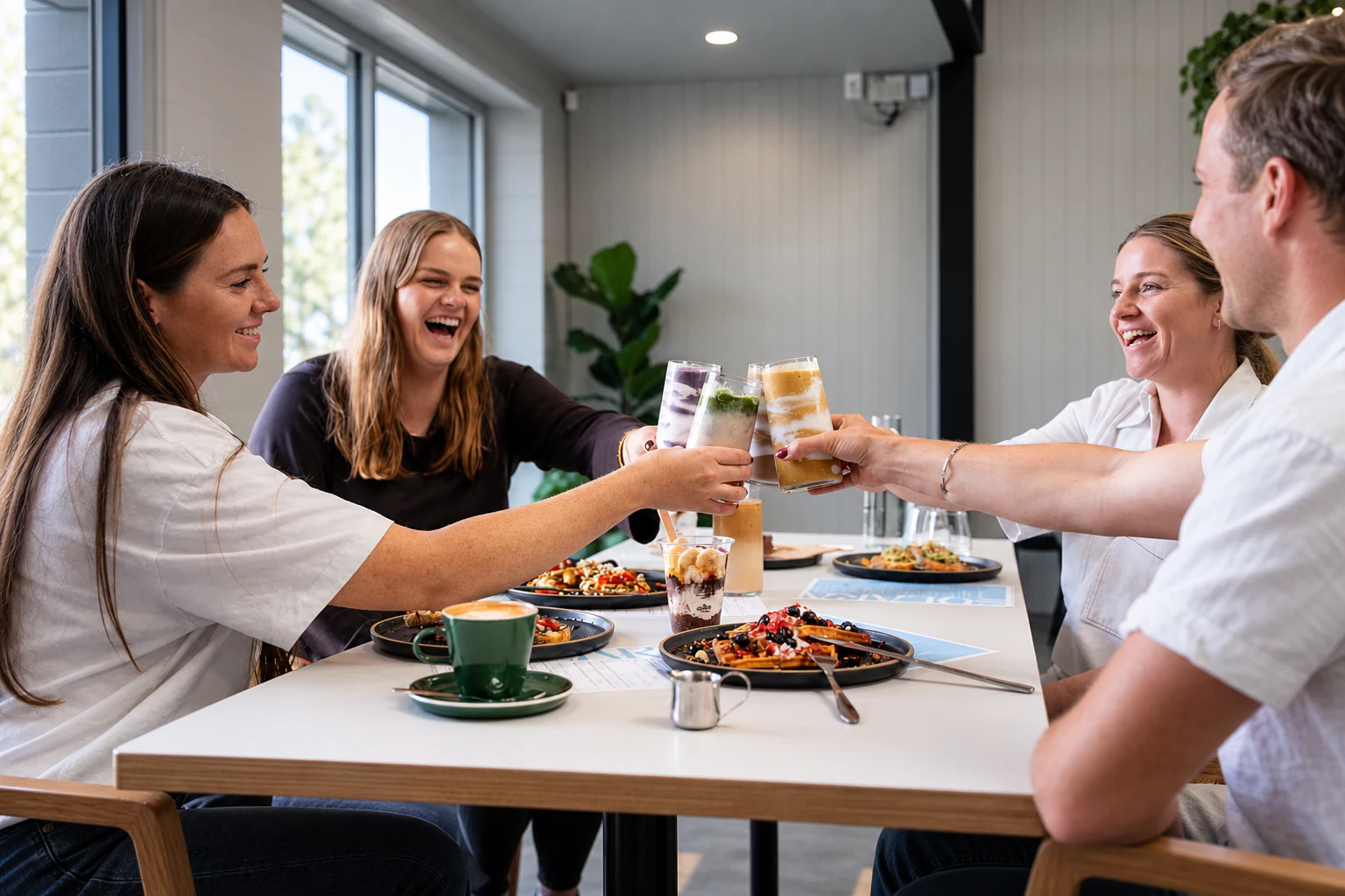 People sharing drinks and food around a table