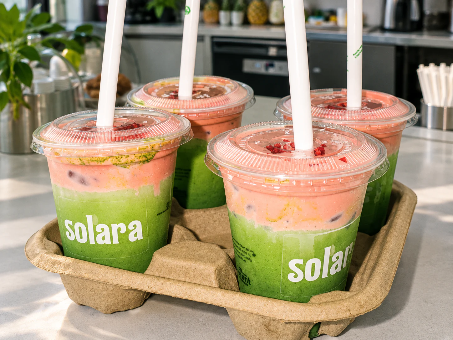 Four colourful SOLARA drinks in a takeaway tray